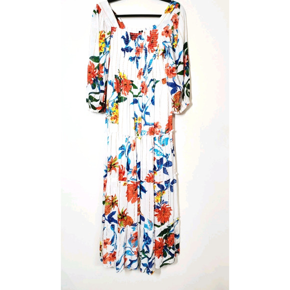 Anthropologie Me 2 Magic Womens Small Dress Long Floral Boho Maxi White Smocked - Picture 9 of 9